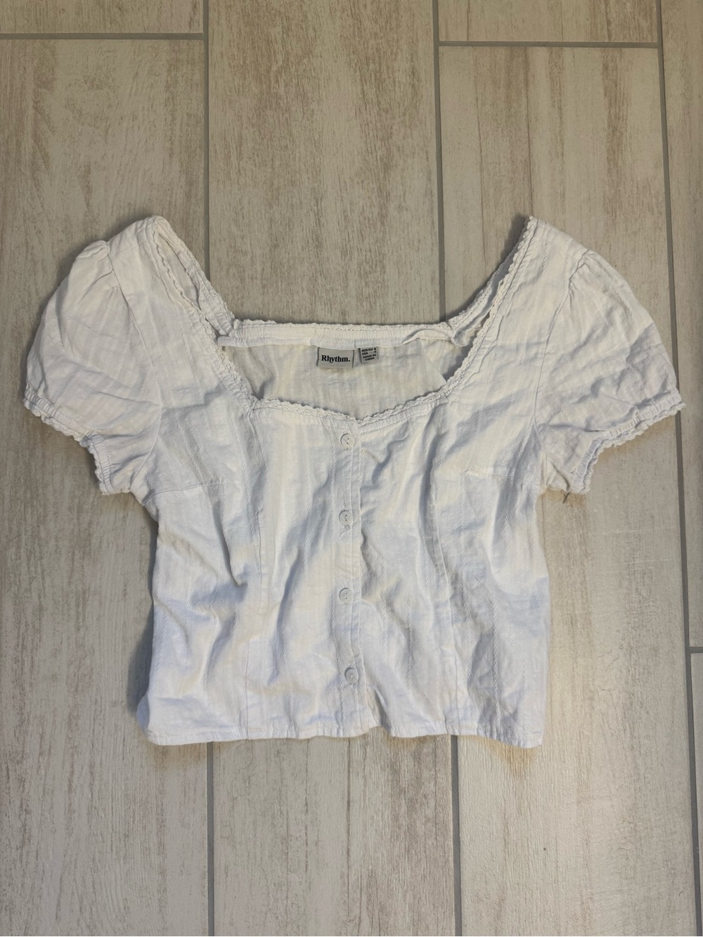 Rhythm. White Puff Sleeve Button Crop Top